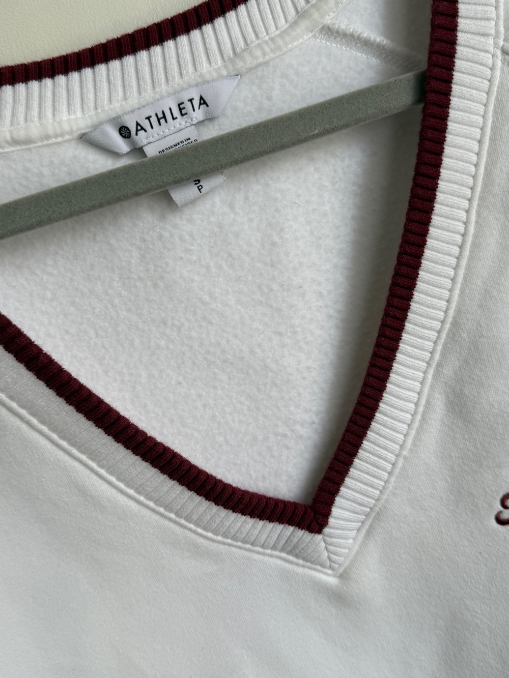 Athleta White V-Neck Sweater with Maroon Trim - Picture 5 of 10
